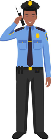 Standing African American Policeman Officer with Walkie-Talkie in Traditional Uniform Character Icon in Flat Style.のイラスト素材