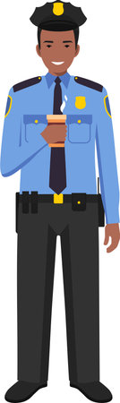 Standing African American Policeman Officer with Cup of Coffee in Traditional Uniform Character Icon in Flat Style.のイラスト素材