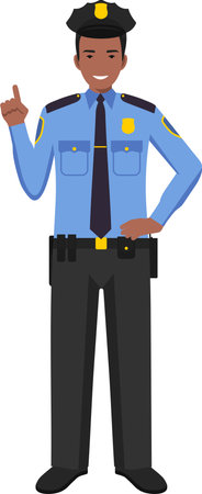 Standing African American Policeman Officer in Traditional Uniform Character Icon in Flat Style.のイラスト素材