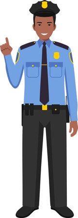 Standing African American Policeman Officer in Traditional Uniform Character Icon in Flat Style.のイラスト素材