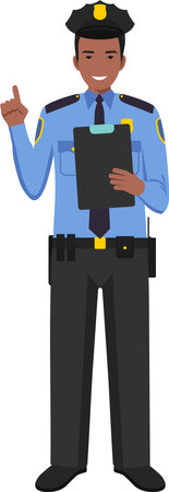 Standing African American Policeman Officer in Traditional Uniform Character Icon in Flat Style.のイラスト素材
