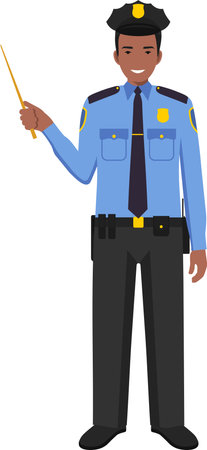 Standing African American Policeman Officer with Wooden Pointer Stick in Traditional Uniform Character Icon in Flat Style.のイラスト素材