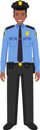 Standing African American Policeman Officer in Traditional Uniform Character Icon in Flat Style.のイラスト素材