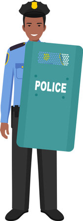 Standing African American Policeman Officer with Metal Protective Shield in Traditional Uniform Character Icon in Flat Style.のイラスト素材