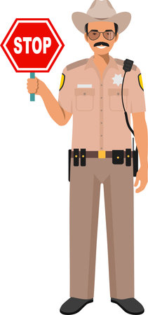 Standing American Policeman Sheriff Officer with Warning Sign Stop in Traditional Uniform Character Icon in Flat Style.のイラスト素材