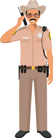 Standing American Policeman Sheriff Officer with Walkie-Talkie in Traditional Uniform Character Icon in Flat Style.のイラスト素材