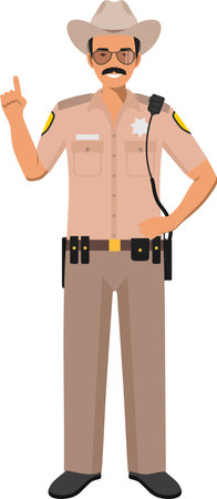 Standing American Policeman Sheriff Officer in Traditional Uniform Character Icon in Flat Style.のイラスト素材
