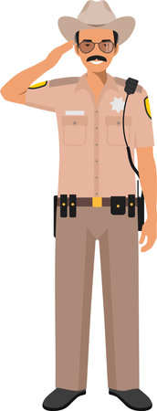 Standing American Policeman Sheriff Officer in Traditional Uniform Character Icon in Flat Style.のイラスト素材