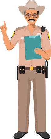 Standing American Policeman Sheriff Officer in Traditional Uniform Character Icon in Flat Style.のイラスト素材