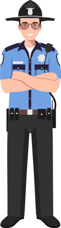Standing American Policeman Sheriff Officer in Traditional Uniform Character Icon in Flat Style.のイラスト素材