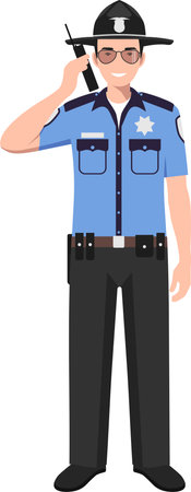 Standing American Policeman Sheriff Officer with Walkie-Talkie in Traditional Uniform Character Icon in Flat Style.のイラスト素材