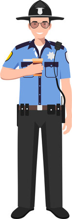 Standing American Policeman Sheriff Officer with Cup of Coffee in Traditional Uniform Character Icon in Flat Style.のイラスト素材