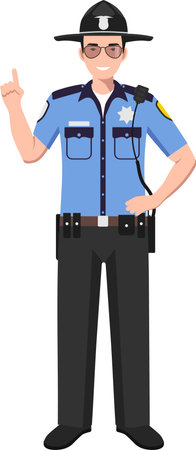 Standing American Policeman Sheriff Officer in Traditional Uniform Character Icon in Flat Style.のイラスト素材