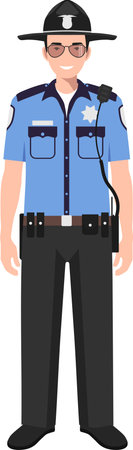 Standing American Policeman Sheriff Officer in Traditional Uniform Character Icon in Flat Style.のイラスト素材