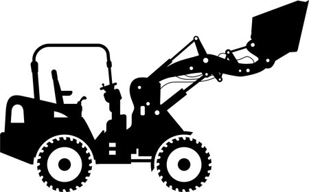 Silhouette of Compact Skid Steer Loader with Bucket and Wheels Icon in Flat Style.のイラスト素材