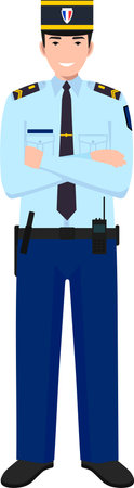 Standing French Policeman Gendarme and Traditional Uniform Character Icon in Flat Style.のイラスト素材