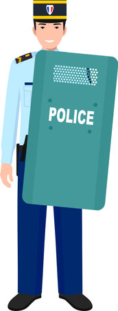 Standing French Policeman Gendarme with Metal Protective Shield in Traditional Uniform Character Icon in Flat Style.のイラスト素材