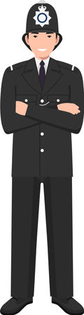 Standing British Policeman Officer in Traditional Uniform Character Icon in Flat Styleのイラスト素材