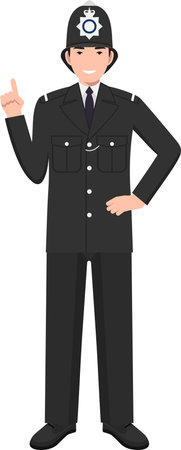 Standing British Policeman Officer in Traditional Uniform Character Icon in Flat Styleのイラスト素材