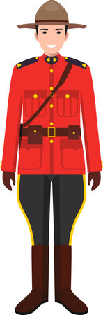 Standing Canadian Policeman Officer in Traditional Uniform Character Icon in Flat Style.のイラスト素材
