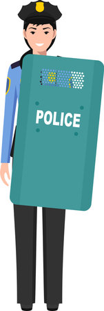 Standing American Policewoman Officer with Metal Protective Shield in Traditional Uniform Character Icon in Flat Style.のイラスト素材