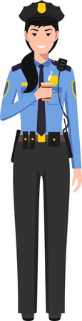 Standing American Policewoman Officer with Cup of Coffee in Traditional Uniform Character Icon in Flat Style.のイラスト素材