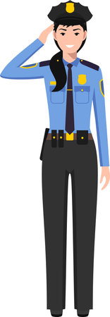 Standing American Policewoman Officer in Traditional Uniform Character Icon in Flat Style.のイラスト素材