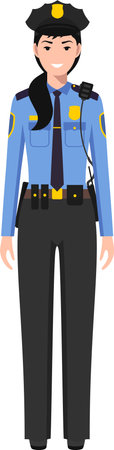 Standing American Policewoman Officer in Traditional Uniform Character Icon in Flat Style.のイラスト素材