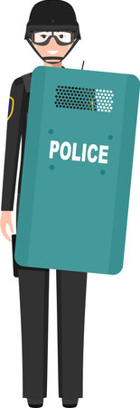 Standing SWAT Policewoman Officer with Metal Protective Shield in Traditional Uniform Character Icon in Flat Style.のイラスト素材