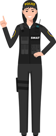 Standing SWAT Policewoman Officer in Traditional Uniform Character Icon in Flat Style.のイラスト素材
