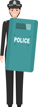 Standing British Policewoman Officer with Metal Protective Shield in Traditional Uniform Character Icon in Flat Style.のイラスト素材