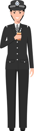Standing British Policewoman Officer with Cup of Coffee in Traditional Uniform Character Icon in Flat Style.のイラスト素材