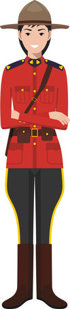 Standing Canadian Policewoman Officer in Traditional Uniform Character Icon in Flat Style.