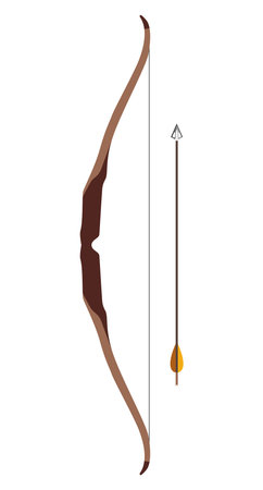 Traditional Hunting Wooden Bow with Arrow Isolated Icon in Flat Style.のイラスト素材