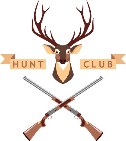 Deer Head, Crossed Hunting Rifles and Brown Banner of Hunting Club Isolated in Flat Style.のイラスト素材