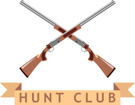 Crossed Hunting Rifles and Brown Banner of Hunting Club Isolated in Flat Style.のイラスト素材