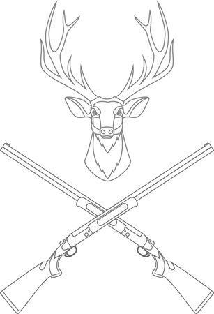 Deer Head and Crossed Hunting Rifles Isolated Outline in Flat Style. Vector Illustration.のイラスト素材