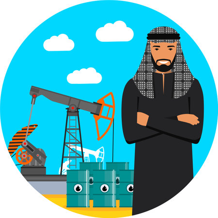 Arab Muslim Businessman with Oil pump and Barrels for Fuel. Vector Illustrationのイラスト素材