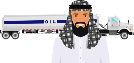 Saudi Arabic Man in Traditional National Clothes and Gasoline Truck in Flat Style. Vector illustration.のイラスト素材