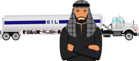 Saudi Arabic Man in Traditional National Clothes and Gasoline Truck in Flat Style. Vector illustration.のイラスト素材