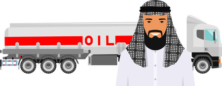 Saudi Arabic Man in Traditional National Clothes and Gasoline Truck in Flat Style. Vector illustration.のイラスト素材