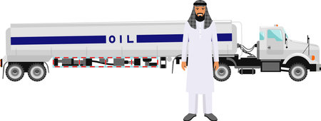 Saudi Arabic Man in Traditional National Clothes and Gasoline Truck in Flat Style. Vector illustration.のイラスト素材