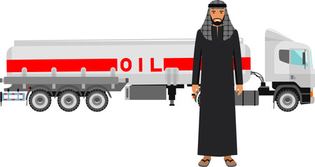 Saudi Arabic Man in Traditional National Clothes and Gasoline Truck in Flat Style. Vector illustration.のイラスト素材
