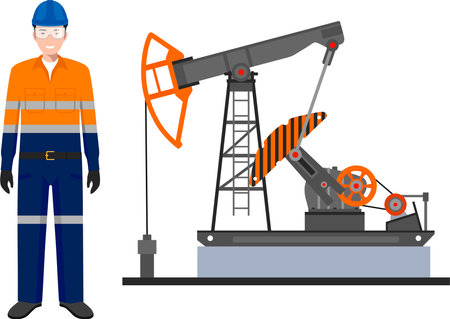 Standing Worker in Work Uniform, Safety Helmet and Oil Pump in Flat Style.のイラスト素材