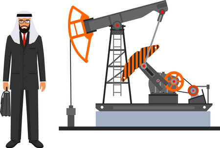 Arab Muslim Businessman in Traditional National Clothes and Oil Pump in Flat Style.のイラスト素材
