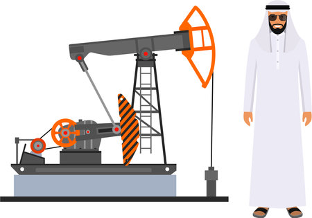 Arab Muslim Businessman in Traditional National Clothes and Oil Pump in Flat Style.のイラスト素材