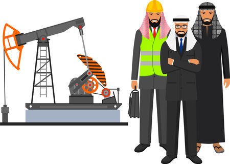 Arab Muslim Businessman, Engineer and Oil Pump in Flat Style.のイラスト素材