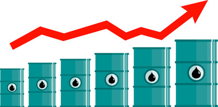 Petroleum Metal Barrel with Oil Drops Sign and Graph with Trend Line Rising Up in Flat Style.のイラスト素材
