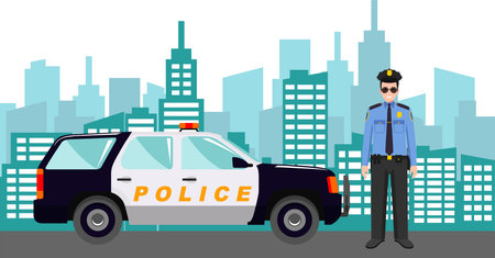 Young Cute Smiling Standing Policeman Officer in Uniform with Police Car and Modern Cityscape in Flat Style.のイラスト素材