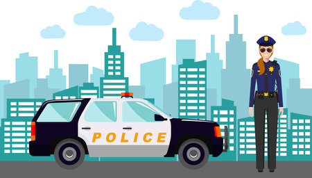 Young Cute Smiling Standing Policewoman Officer in Uniform with Police Car and Modern Cityscape in Flat Style.のイラスト素材